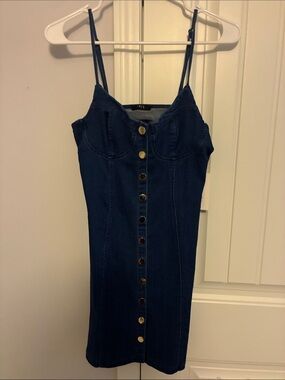 iris Dark Blue Button-Front Denim Slip Dress